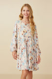 GY7626 Blush Girls Velvet Long Sleeve Statement Butterfly Print Dress Front