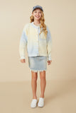 GY7648 Blue Girls Ombre Scallop Finish Statement Button Sweater Cardigan Full Body