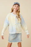 GY7648 Blue Girls Ombre Scallop Finish Statement Button Sweater Cardigan Front 2