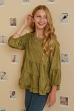 GY7663 Olive Girls Vegan Suede Tiered Puff Sleeve Top Pose