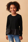 Girls Mix Media Long Sleeve Bubble Hem Peplum Top Front