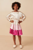 GY7783 Pink Mix Girls Color Block Tiered Skirt Satin Dress Front 2