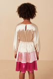 GY7783 Pink Mix Girls Color Block Tiered Skirt Satin Dress Back