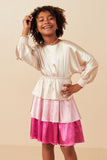 GY7783 Pink Mix Girls Color Block Tiered Skirt Satin Dress Pose