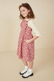 GY7790 Pink Girls Button Back Ruffle Detail Floral Corduroy Dress Side