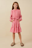 Girls Textured Long Sleeve Belted Knit Dress Full Body