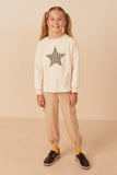 Girls Houndstooth Star Embroidered Patch Brushed Knit Top Full Body
