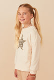 Girls Houndstooth Star Embroidered Patch Brushed Knit Top Side