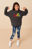 Girls Hand Embroidered Pop Up Hello Verbiage Ribbed Knit Top Pose