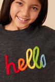 Girls Hand Embroidered Pop Up Hello Verbiage Ribbed Knit Top Detail