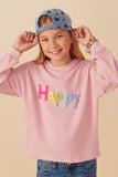 Girls Hand Embroidered Pop Up Happy Verbiage Ribbed Knit Top Front