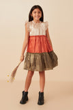 GY7850 Olive Mix Girls Color Block Ruffled Shimmery Chiffon Dress Pose