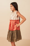 GY7850 Olive Mix Girls Color Block Ruffled Shimmery Chiffon Dress Back Side