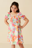 Bold Floral Smocked Square Neck Dress