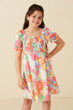 GY7912 Pink Mix Girls Bold Floral Smocked Square Neck Dress Pose 2