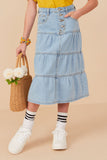 Girls Button Fly Tiered Denim Maxi Skirt Front