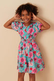 GY7933 Mint Girls Floral Print Smocked Waist Button Detail Dress Pose