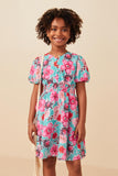 GY7933 Mint Girls Floral Print Smocked Waist Button Detail Dress Front