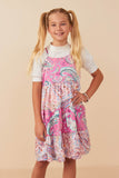 GY7935 Pink Girls Paisley Print Color Blocked Tiered Tank Dress Front