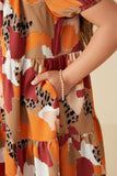 GY7946 Brown Mix Girls Abstract Leopard Print Button Up Shirt Dress Detail