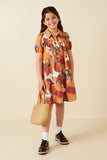 GY7946 Brown Mix Girls Abstract Leopard Print Button Up Shirt Dress Full Body