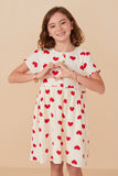 Girls Heart Print Gauze Textured Button Detail Dress Front