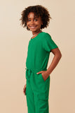 GY7979 Green Girls Textured Knit Tie Waist Cargo Jumpsuit Side