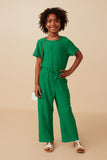 GY7979 Green Girls Textured Knit Tie Waist Cargo Jumpsuit Full Body