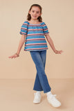 GY7980 Blue Mix Girls Textured Frill Striped T Shirt Full Body