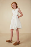 GY7990 Off White Girls Textured Floral Button Tiered Dress Full Body