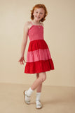 GY7991 Pink Girls Color Block Ruffle Detailed Smocked Tank Dress Pose