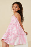GY7999 Pink Girls Ruffle Trimmed Poplin Stripe Dress Pose