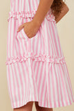 GY7999 Pink Girls Ruffle Trimmed Poplin Stripe Dress Side