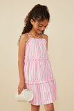GY7999 Pink Girls Ruffle Trimmed Poplin Stripe Dress Pose 2