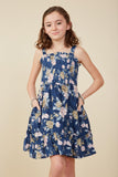 GY8038 Navy Girls Romantic Floral Smocked Bodice Tank Dress Front