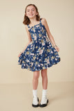 GY8038 Navy Girls Romantic Floral Smocked Bodice Tank Dress Full Body