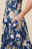 GY8038 Navy Girls Romantic Floral Smocked Bodice Tank Dress Detail