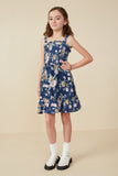 GY8038 Navy Girls Romantic Floral Smocked Bodice Tank Dress Pose