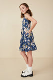 GY8038 Navy Girls Romantic Floral Smocked Bodice Tank Dress Pose 2