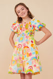 Abstract Print Smocked Satin Dress