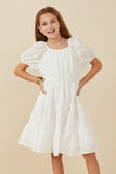 GY8065 Off White Girls Floral Embroidery Textured Puff Sleeve Dress Front