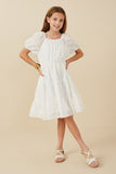 GY8065 Off White Girls Floral Embroidery Textured Puff Sleeve Dress Full Body