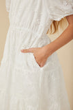 GY8065 Off White Girls Floral Embroidery Textured Puff Sleeve Dress Side