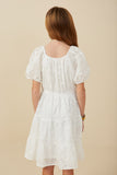 GY8065 Off White Girls Floral Embroidery Textured Puff Sleeve Dress Back