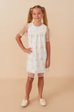 GY8069 OFF WHITE Girls Floral Embroidered Mesh Midi Dress Full Body