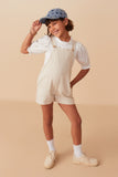 GY8076 Oatmeal Girls Striped Pleat Detail Overalls Pose