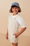 GY8076 Oatmeal Girls Striped Pleat Detail Overalls Front 2