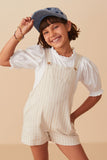 GY8076 Oatmeal Girls Striped Pleat Detail Overalls Pose 2