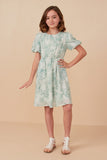 GY8078 Green Girls Floral Textured Printed Mesh Puff Sleeve Dress