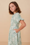 GY8078 Green Girls Floral Textured Printed Mesh Puff Sleeve Dress